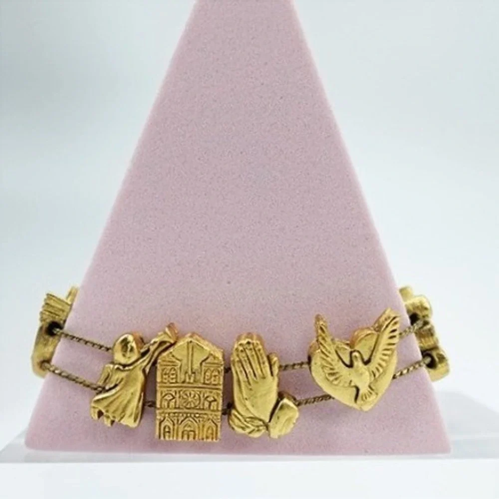 VTG Gold‎ Tone Religious Bracelet Praying Hands Angel Dove Panel Ornate 7